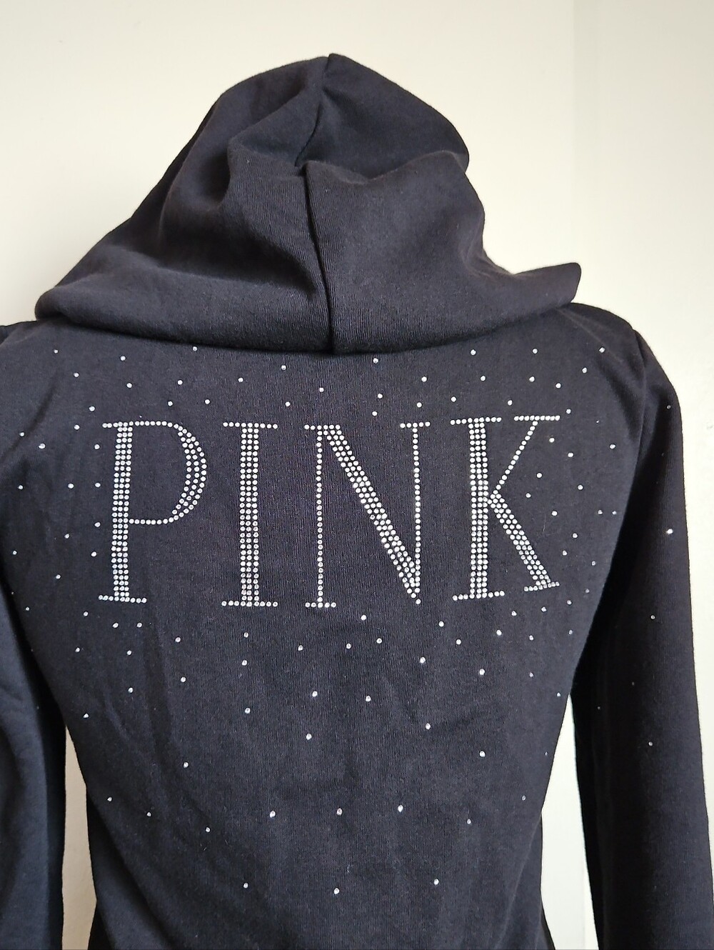 PINK Victoria's Secret Black Rhinestone Logo Everyday Zip-Up Hoodie Fleece Sz XS - Picture 10 of 14
